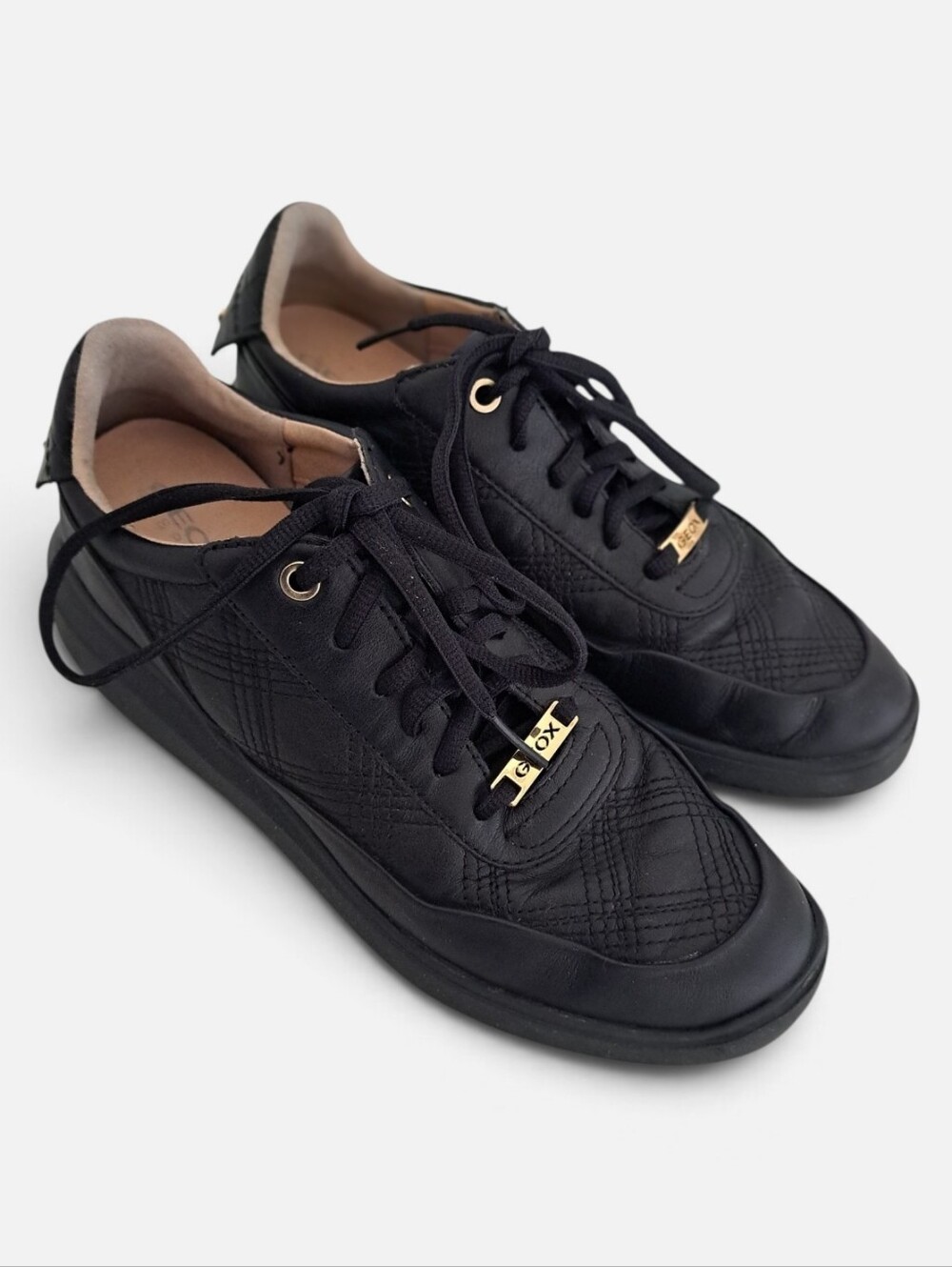Geox Black Leather Quilted Lace-Up Sneakers with Gold Accents
